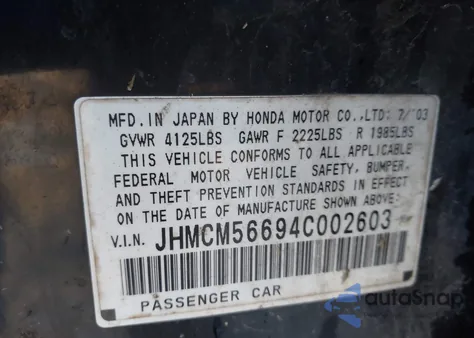 2004 Honda Accord 2.4 Ex из США, поврежденный, VIN JHMCM56694C002603